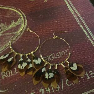 Elegant Gold and Brown Feather Hoop Earrings